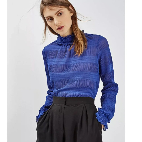 TOPSHOP Mock Neck Long Sleeve Ruffle Plisse Top Blue Size US 4 - Picture 1 of 12